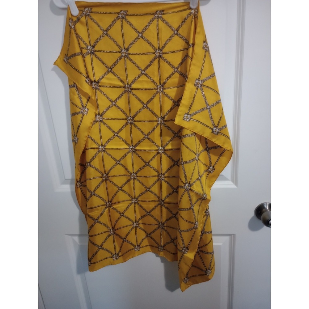 Vintage 100% Silk‎ Scarf 31" Square Gold Chain Rope Equestrian Print Mustard...